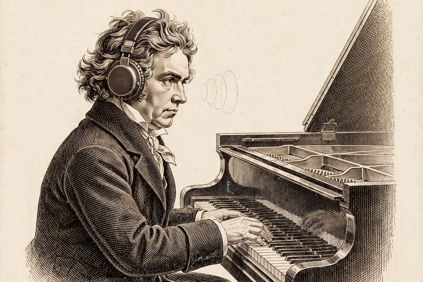 Engraving-style illustration of Beethoven at a grand piano wearing modern headphones, listening with three small sound rings by his ear.